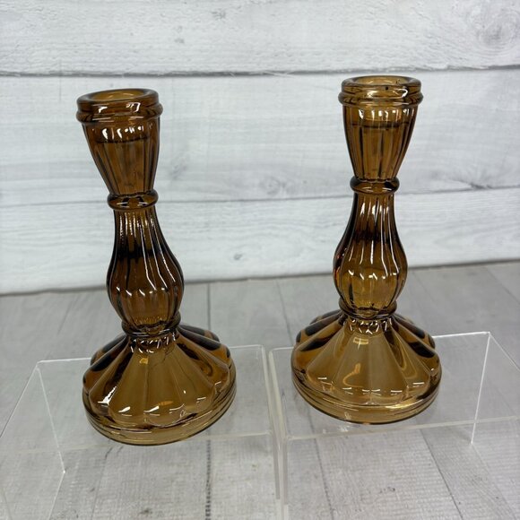 Vintage Robert Stanley Amber Glass Tapered Candles Sticks 6.5" Holders Set Of 2 - Picture 2 of 16
